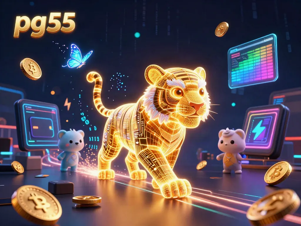 Experience the excitement of pg55 with a neon tiger in a vibrant digital casino landscape full of crypto elements.