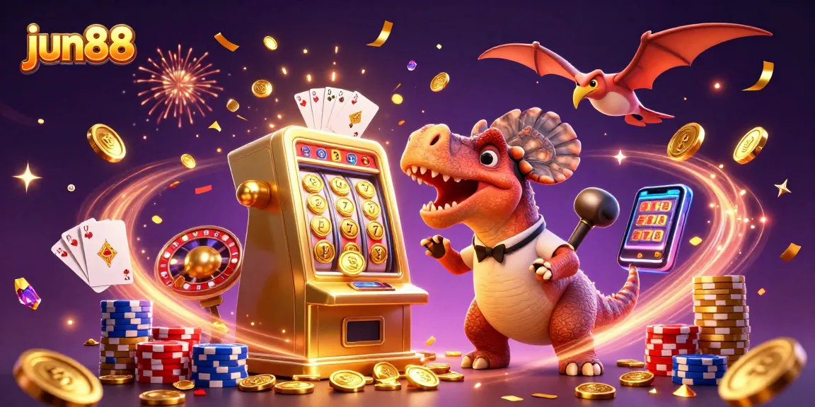 Experience excitement at jun88 with a dinosaur themed jackpot celebration featuring animated gaming elements.