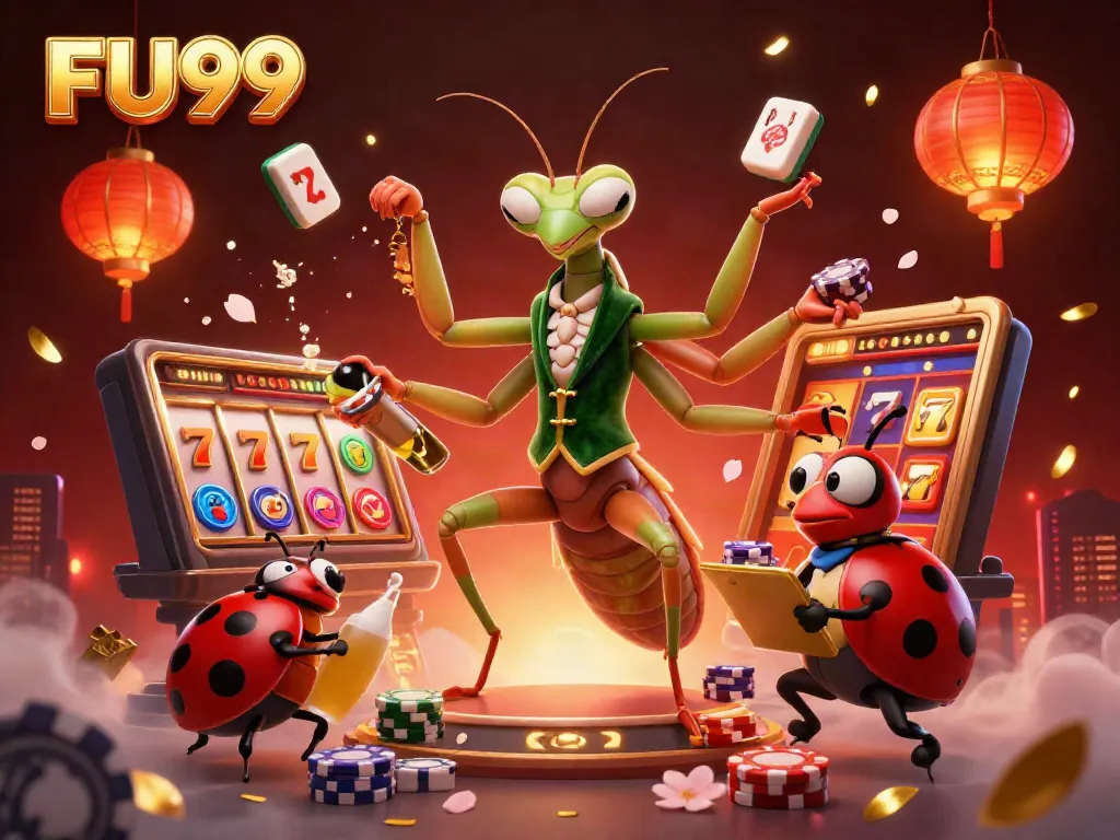 Engage in thrilling gameplay with FU99's vibrant online casino illustration showcasing dynamic slot elements.