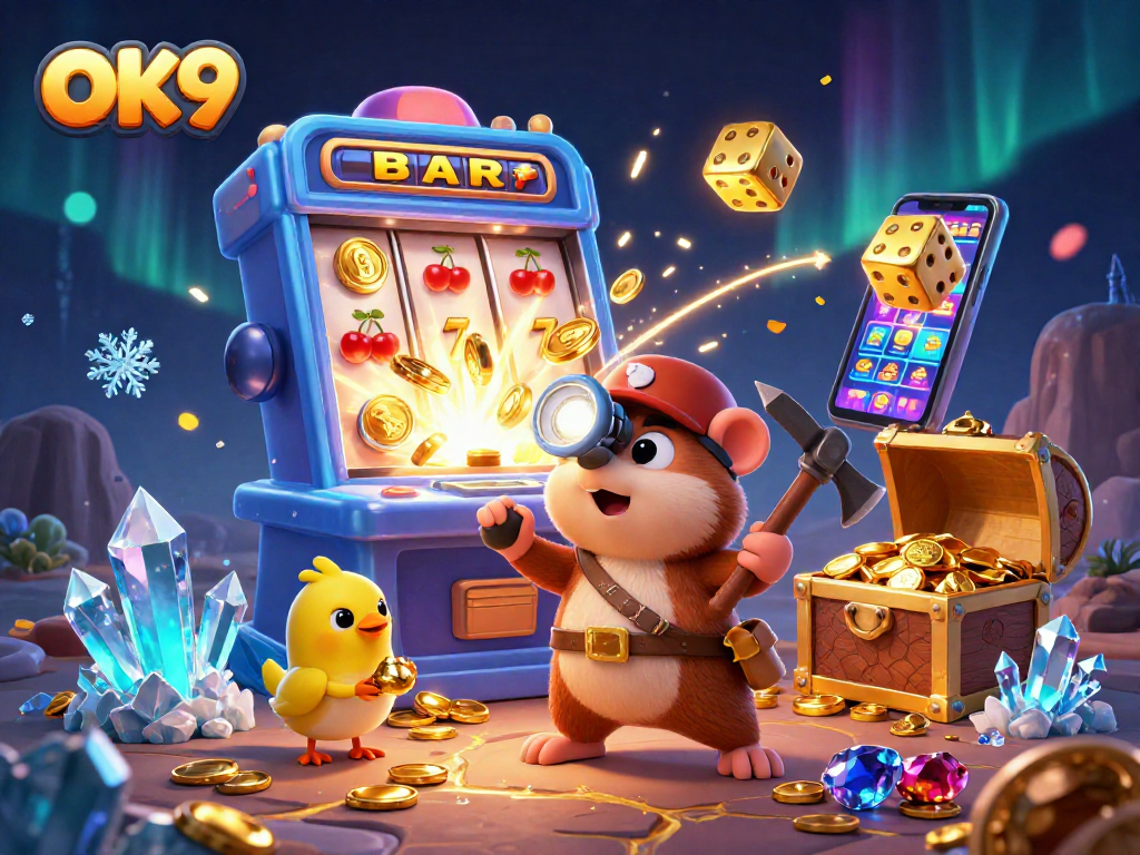 Experience thrilling casino adventures with OK9 featuring a cartoon treasure hunter in a vibrant scene.