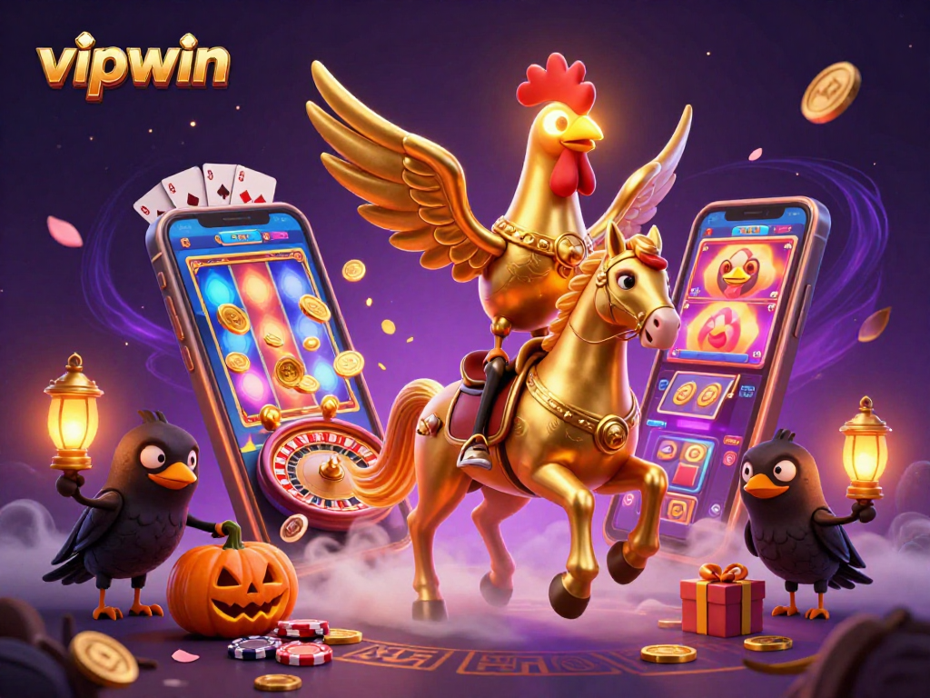 Experience thrilling fun at vipwin as a golden rooster ventures through a vibrant casino scene.