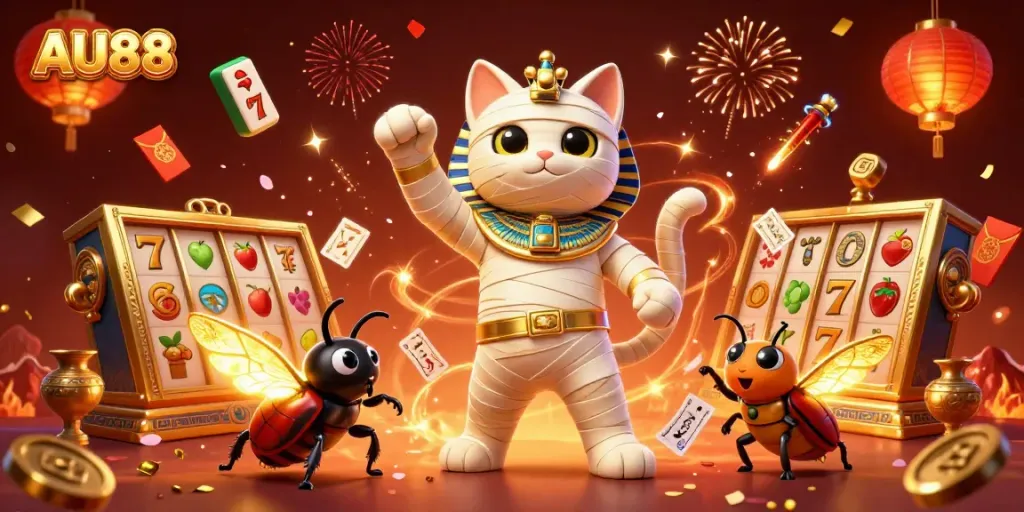 Explore the vibrant casino world of AU88 with an Egyptian mummy cat and treasures.