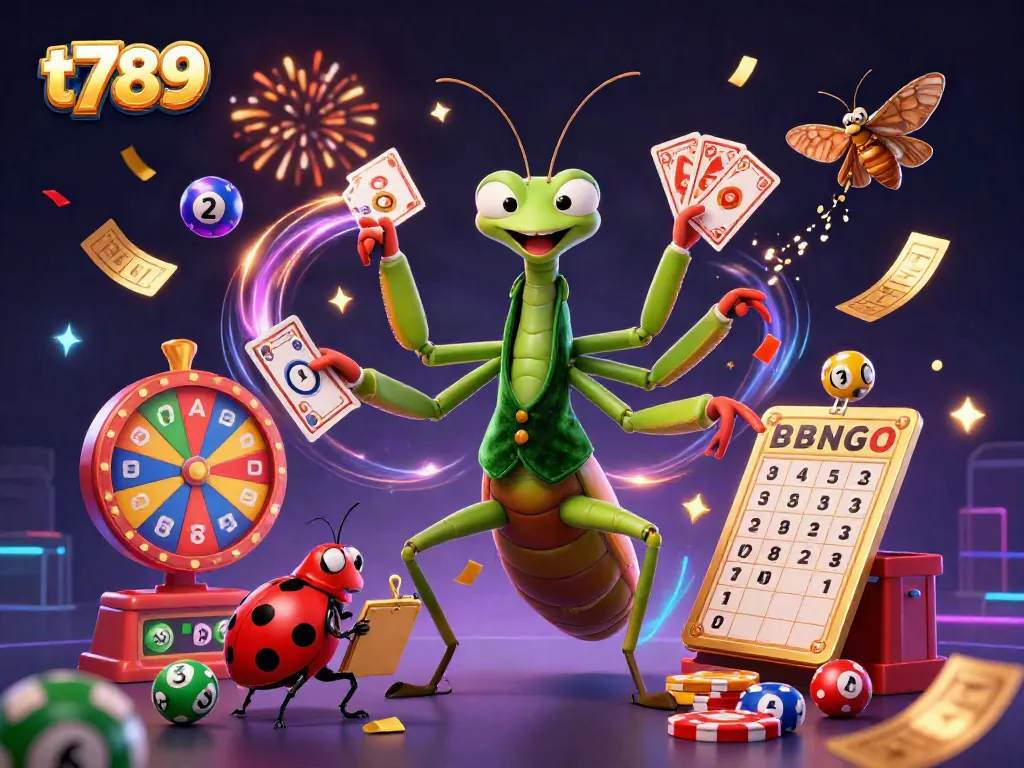 Experience the excitement of t789 with a dynamic scene of casino elements and lively characters in vibrant colors.