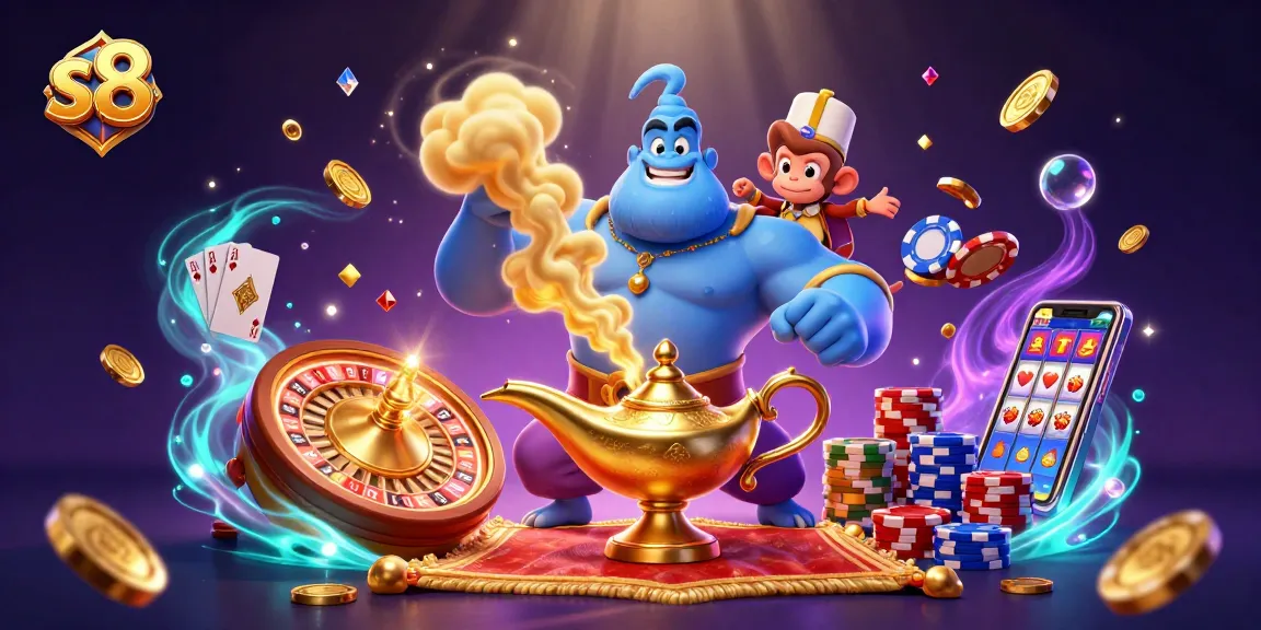 S8 players win big surrounded by vibrant casino elements and magical characters in an enchanting scene