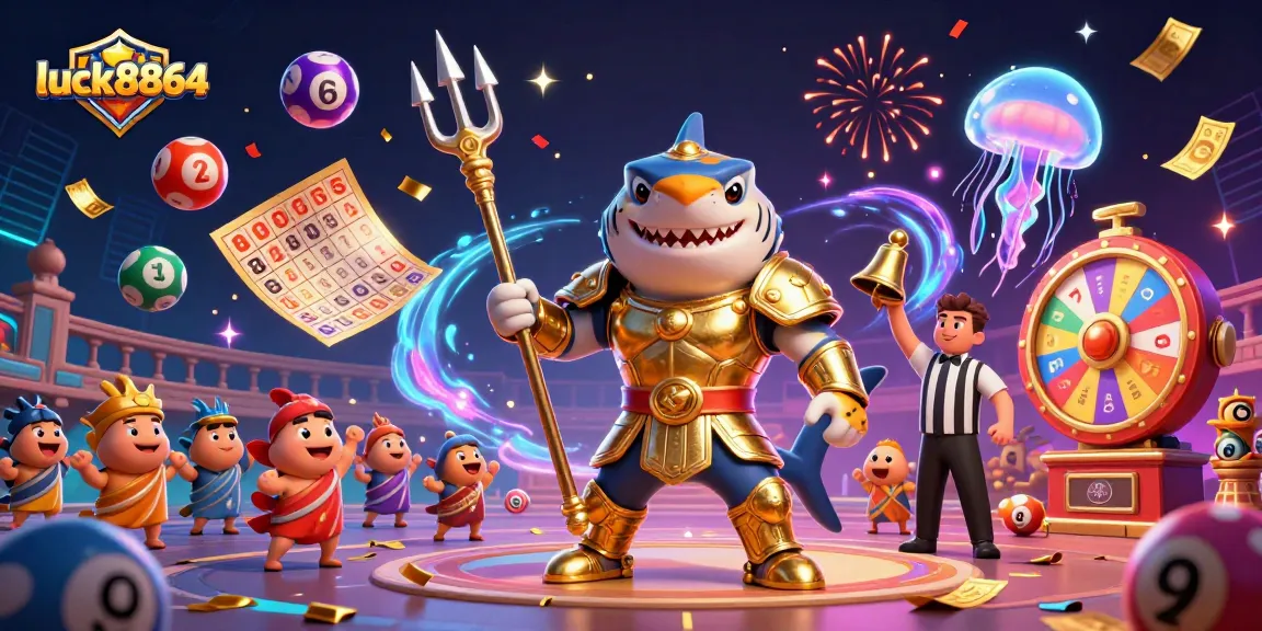 Engage with luck8864's thrilling underwater casino showdown featuring vibrant lottery balls and a majestic golden shark.