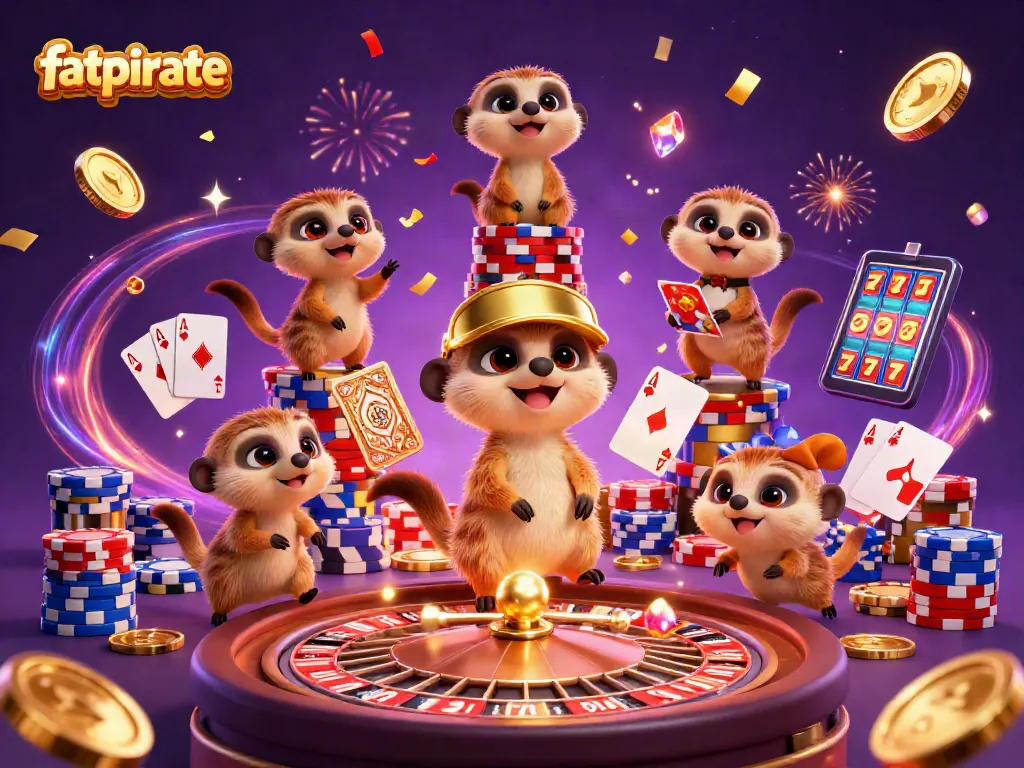 Experience the thrill of fatpirate casino with meerkats managing games, vibrant colors, and dynamic action.
