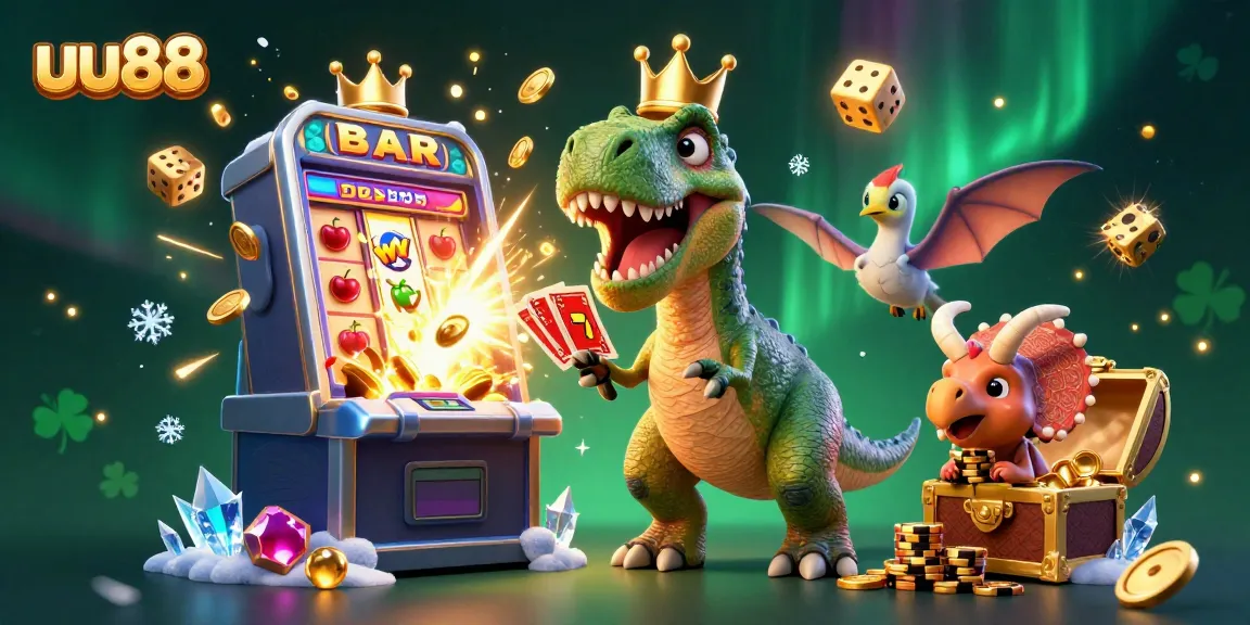 Engage with the fun of uu88 as cartoon dinosaurs play cards and enjoy slot jackpots.