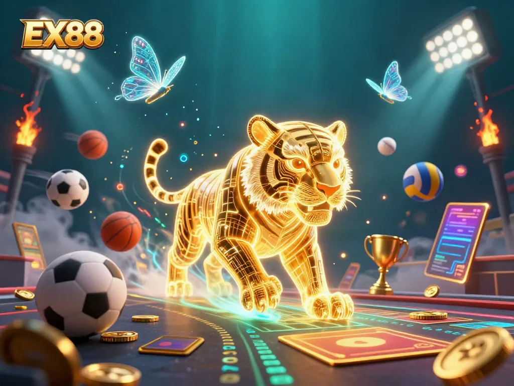 Experience the thrill of EX88 casino with sports elements and golden tiger in a dynamic 3D scene