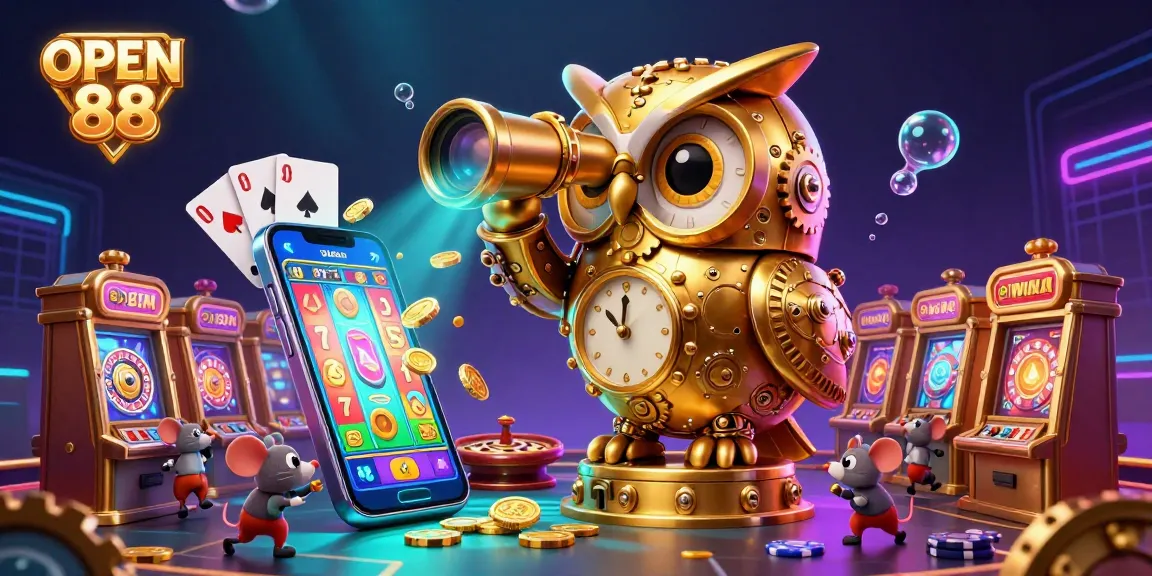 Experience the excitement of OPEN 88 as the golden owl surveys a bustling casino floor.