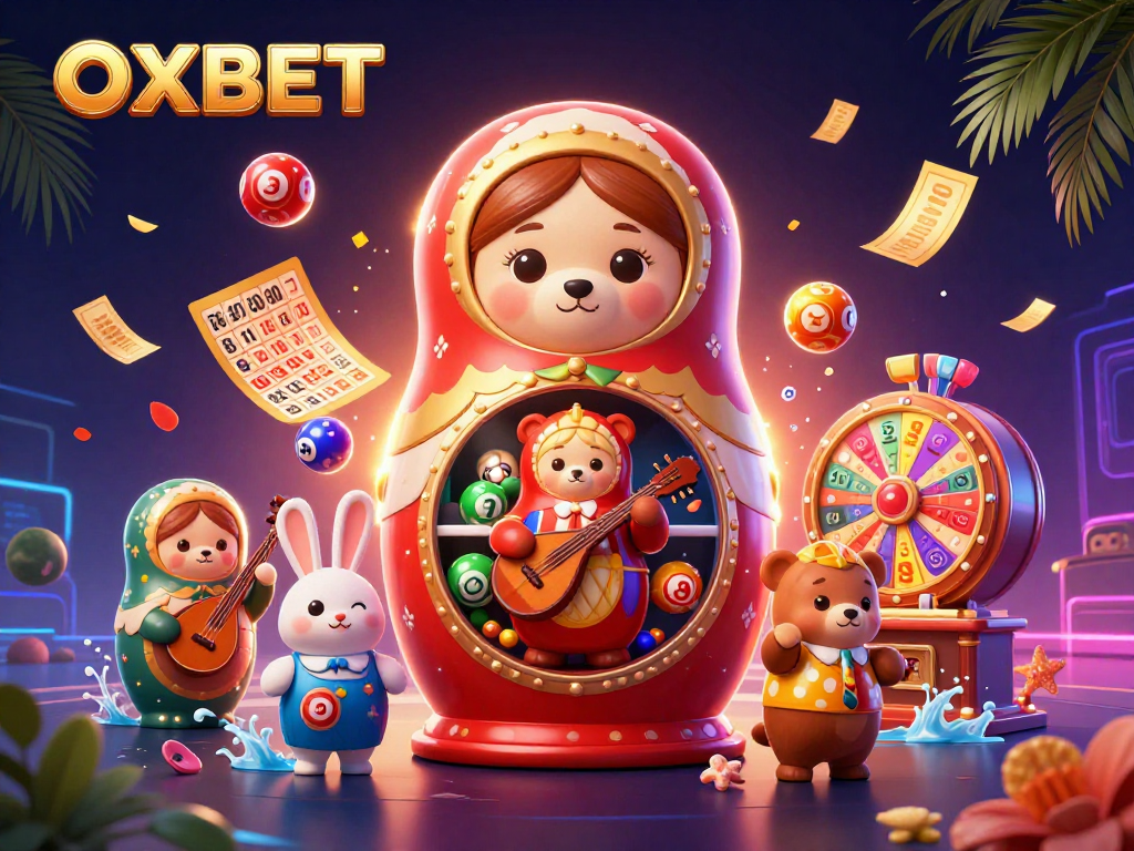 Engage in exciting casino fun with OXBET through vibrant 3D illustrations showcasing lottery dynamics.