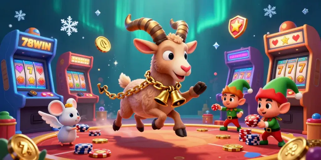Experience the festive chaos of 78WIN's holiday-themed casino with a Krampus goat and mischievous characters.