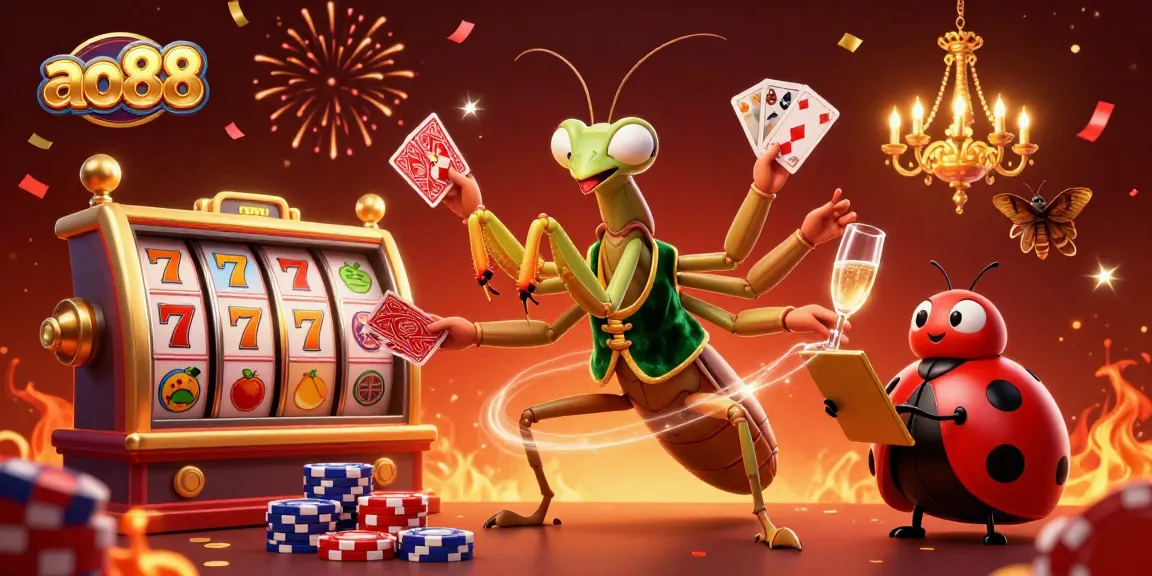 Experience vibrant ao88 casino fun with a festive mantis, ladybug, and joy-filled elements.