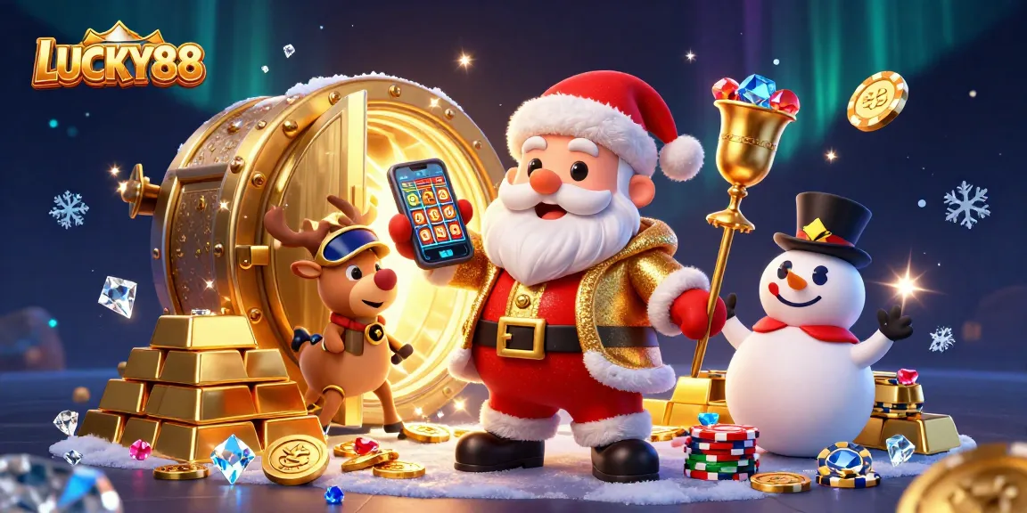 LUCKY88 Santa Claus celebrating with jackpot slots, gold treasures, and festive companions.