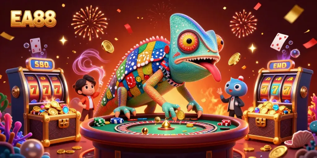 Engage in EA88 gaming with the chameleon casino owner amidst colorful slot reels and treasure.