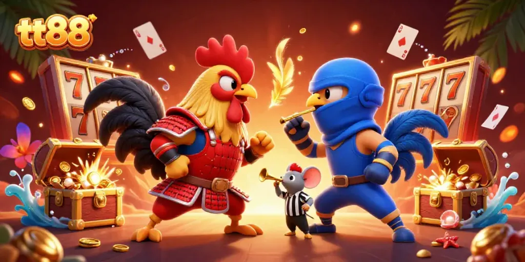 Experience thrilling gameplay at tt88, featuring fierce rooster combat in a vibrant casino scene.