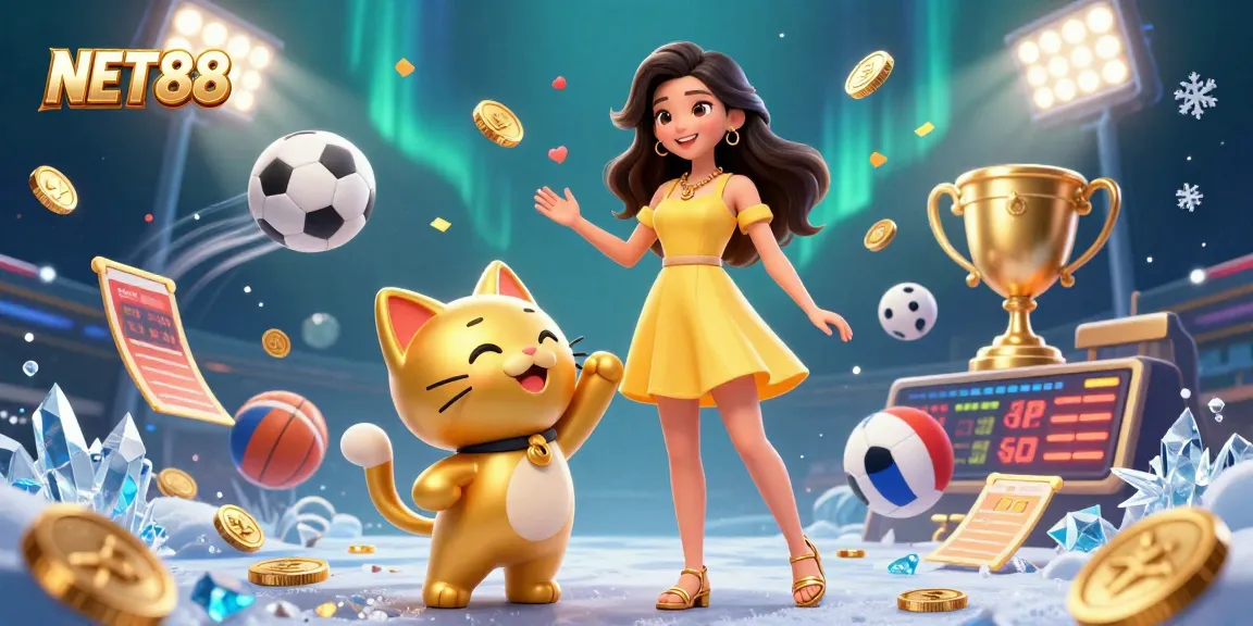 Engage with exciting gaming action at NET88 featuring a cheerful atmosphere with a lucky cat and sports elements.