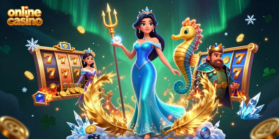Engage in thrilling online casino fun with a captivating scene featuring a 3D woman, seahorse king, and dynamic casino elements.