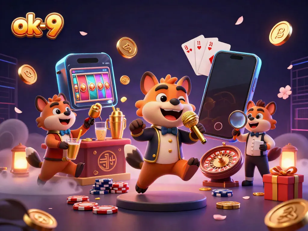 Experience the excitement at ok-9 casino with lively hyenas, colorful slot games, and gleaming golden coins.
