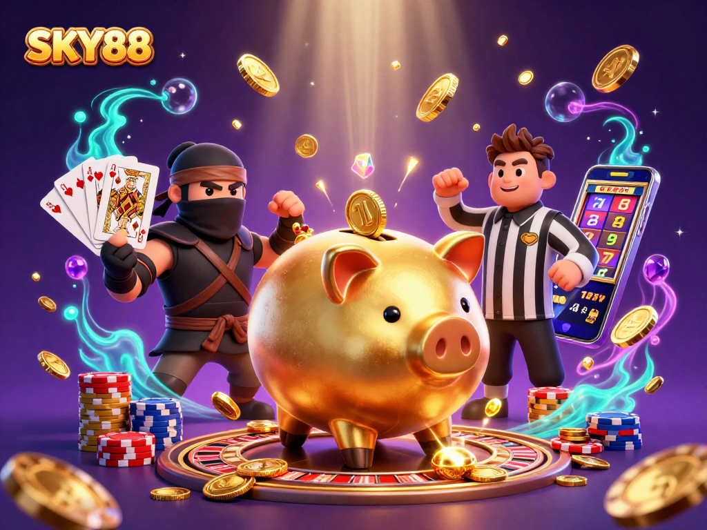 Engage with SKY88's thrilling gaming scene featuring a golden piggy bank sumo wrestler amidst casino action.