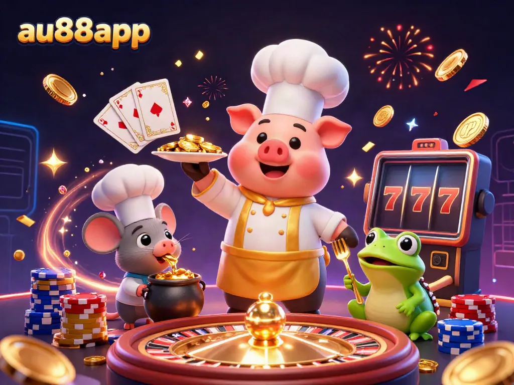 Experience winning moments with au88app, featuring a chef pig and treasures in a vibrant casino scene.