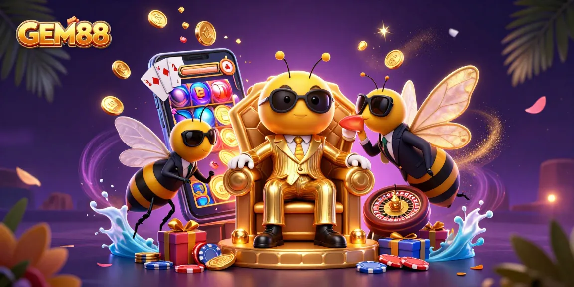 Experience thrilling gameplay with GEM88 in a vibrant casino-themed illustration featuring animated characters and gaming elements.