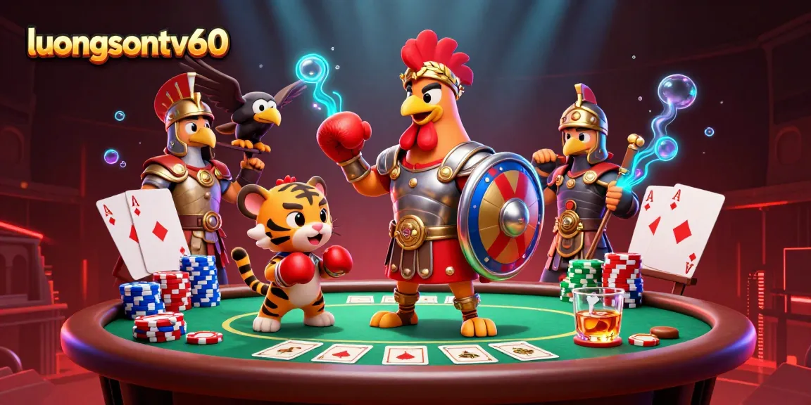 luongsontv60 showcases a vibrant 3D gambling scene featuring a rooster gladiator and poker elements, enhancing user engagement.