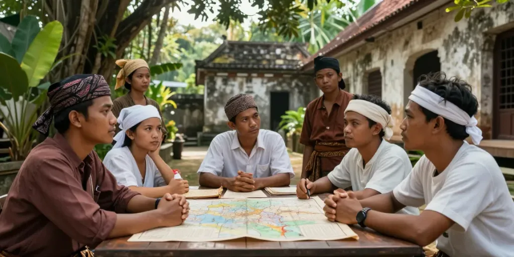 Indonesian freedom fighters strategizing at a wooden table amidst historical documents, reflecting the spirit of rokok88 in the colonial conflict.