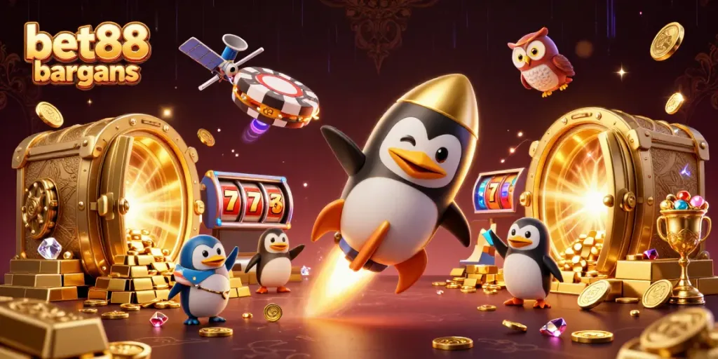 Experience the thrilling bet88 bargains scene with a golden penguin and casino elements.
