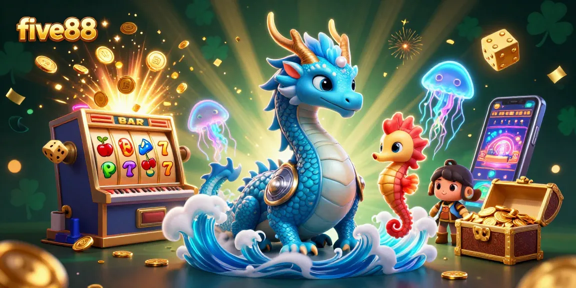 Jump into five88's vibrant casino scene featuring a magical dragon and seahorse knight.