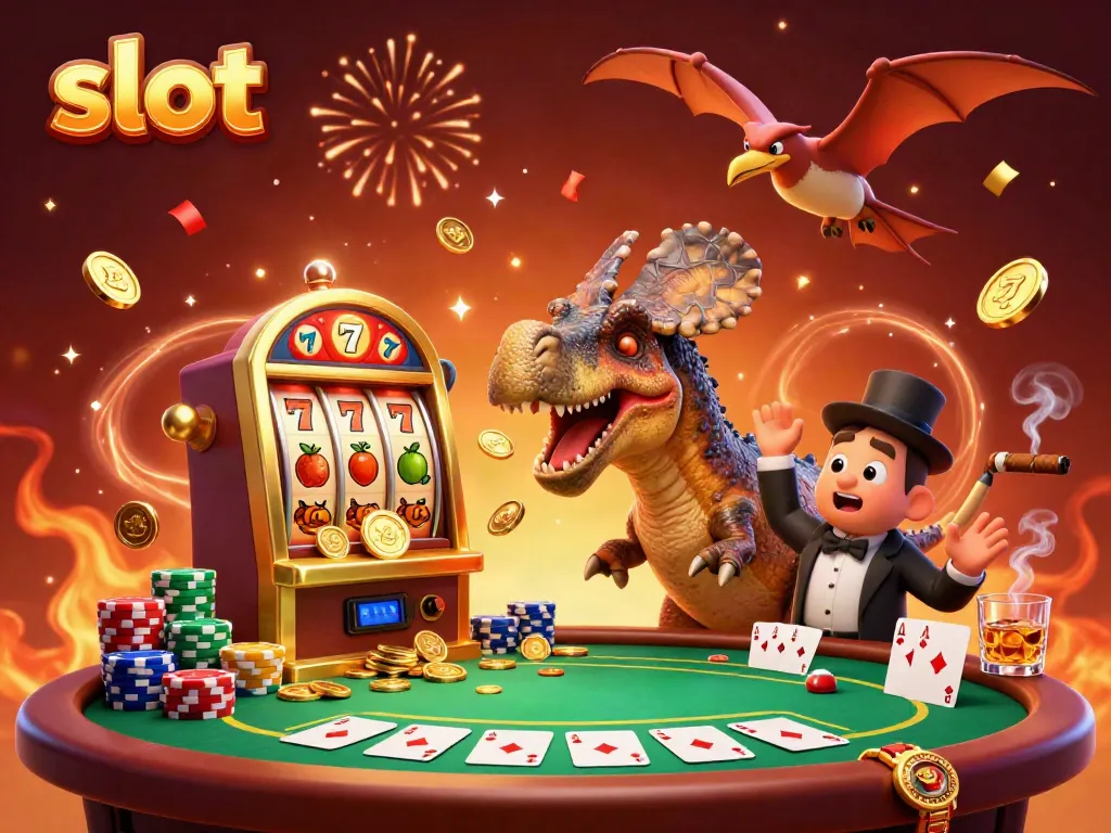 Three cartoon dinosaurs interact at a slot machine, celebrating winning jackpot coins while surrounded by casino elements.