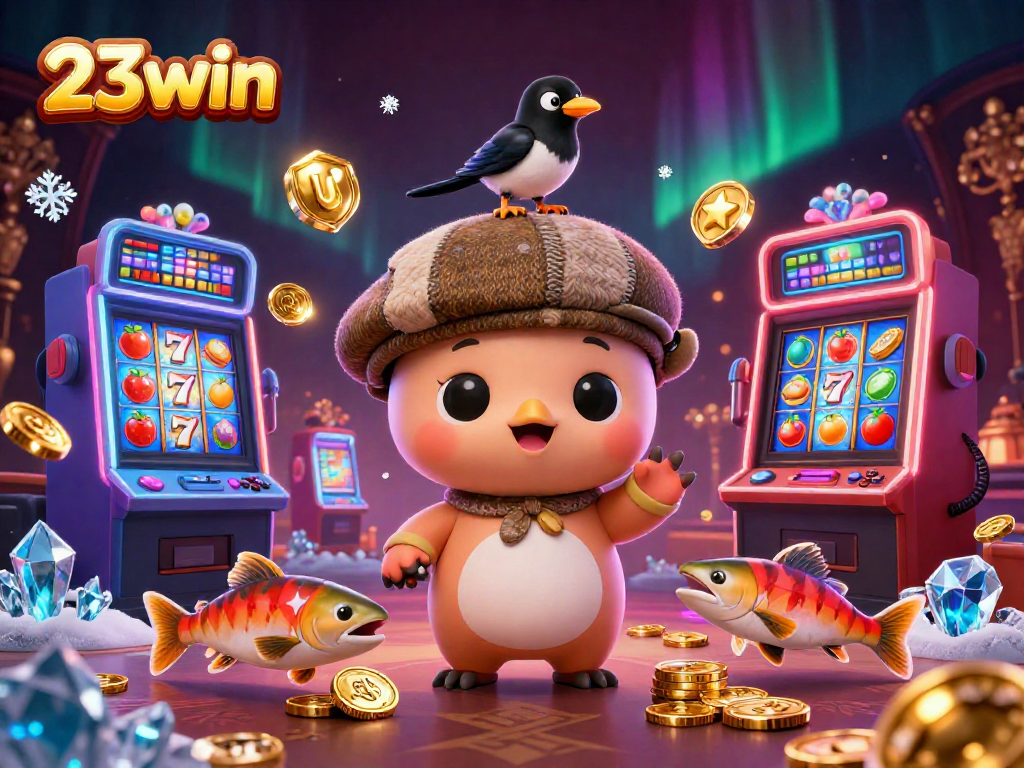 23win showcases an energetic scene with Nessie and slot machines surrounded by vibrant gaming elements.