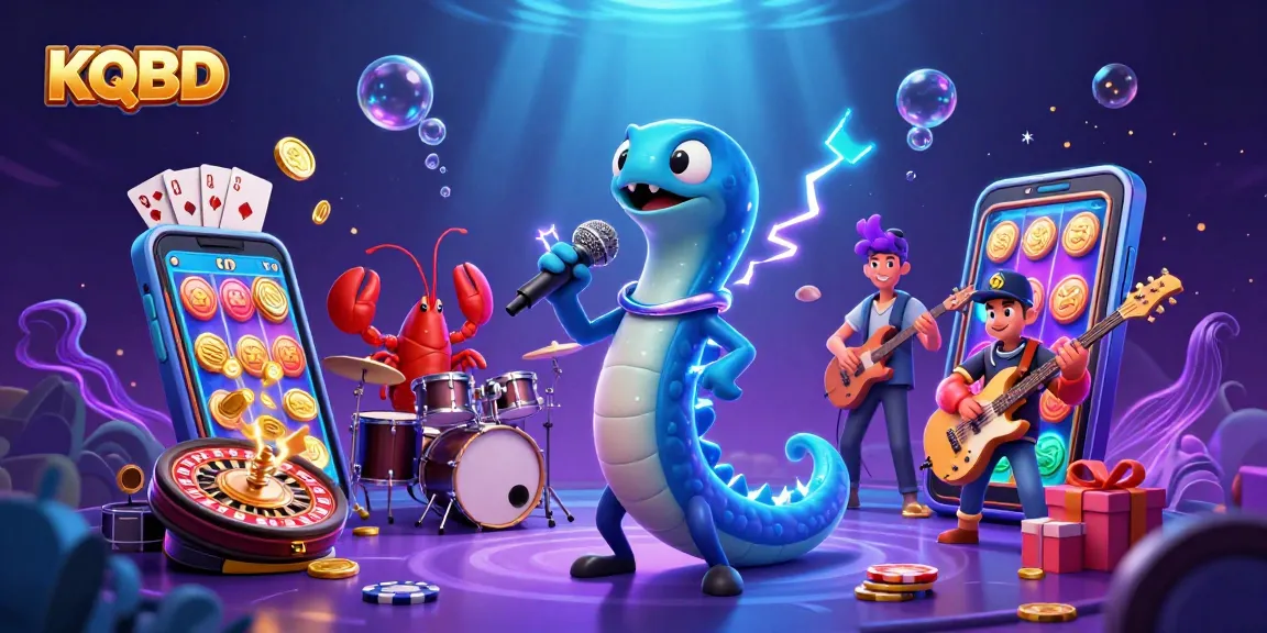 KQBD presents a vibrant casino scene with a DJ electric eel accompanied by a lobster drummer and seahorse guitarist, showcasing an underwater party vibe.