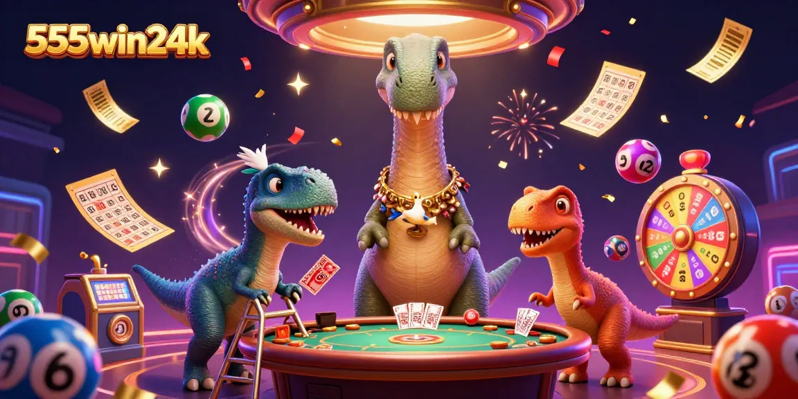 Engage with 555win24k's dynamic gaming experience surrounded by colorful lottery elements and casino magic.