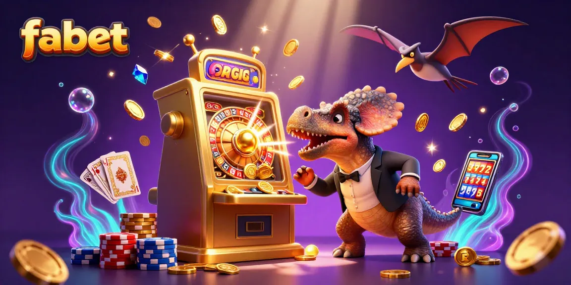 Experience the winning thrill at fabet with a cartoon dinosaurs' dynamic jackpot scene, showcasing colorful casino elements.