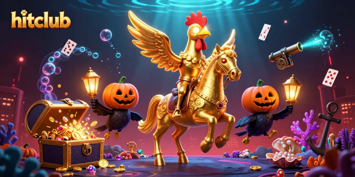 Hitclub's thrilling casino scene showcases a golden rooster and companions in a vibrant gaming adventure.