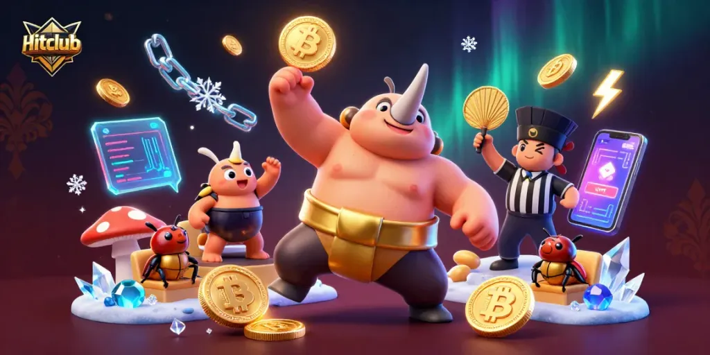 Hitclub showcases a dynamic scene with a sumo beetle winning coins and crypto elements flying, reflecting casino excitement.