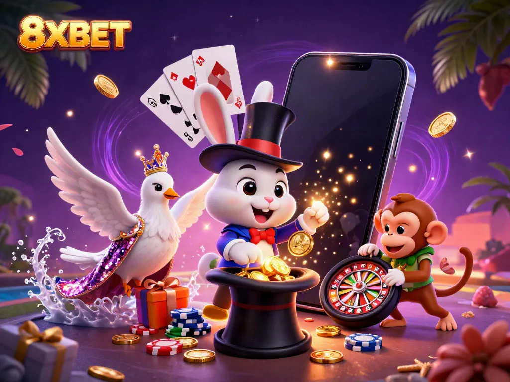 Experience the magic of 8XBET with a vibrant casino scene featuring a magician rabbit and dazzling gaming elements.