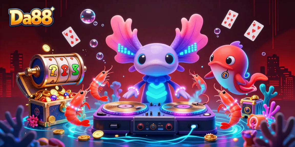 Experience winning spins at Da88, an energetic casino scene with neon characters and vibrant slot elements.