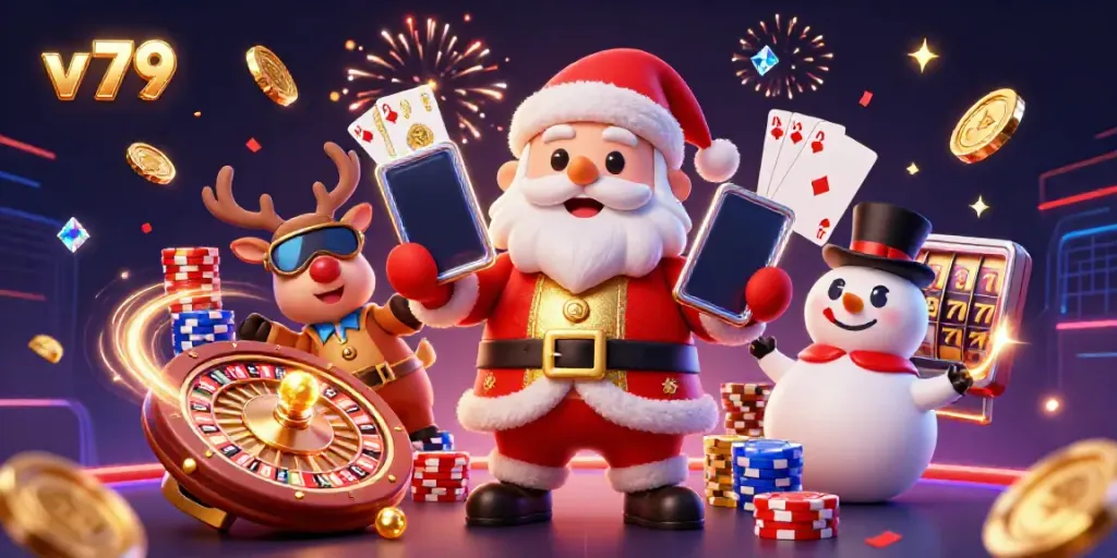 Spin the reels for big wins with v 79 in this festive casino scene featuring Santa and friends.
