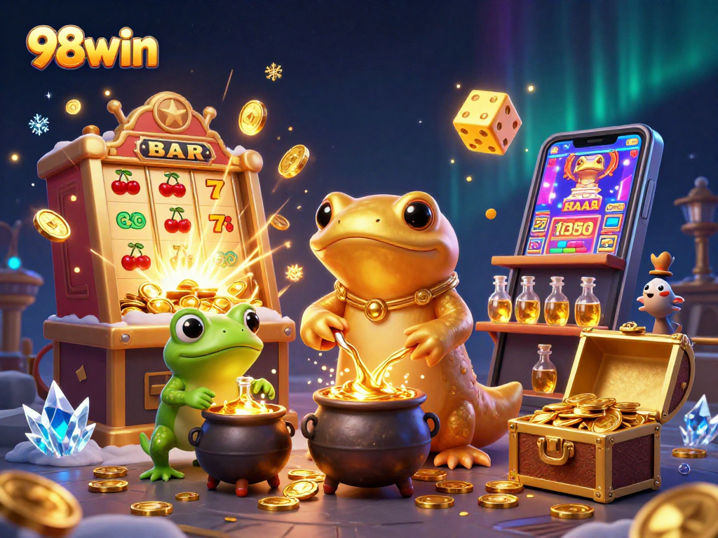 Play engaging casino games with 98win's vibrant 3D illustration of alchemical gold creation.