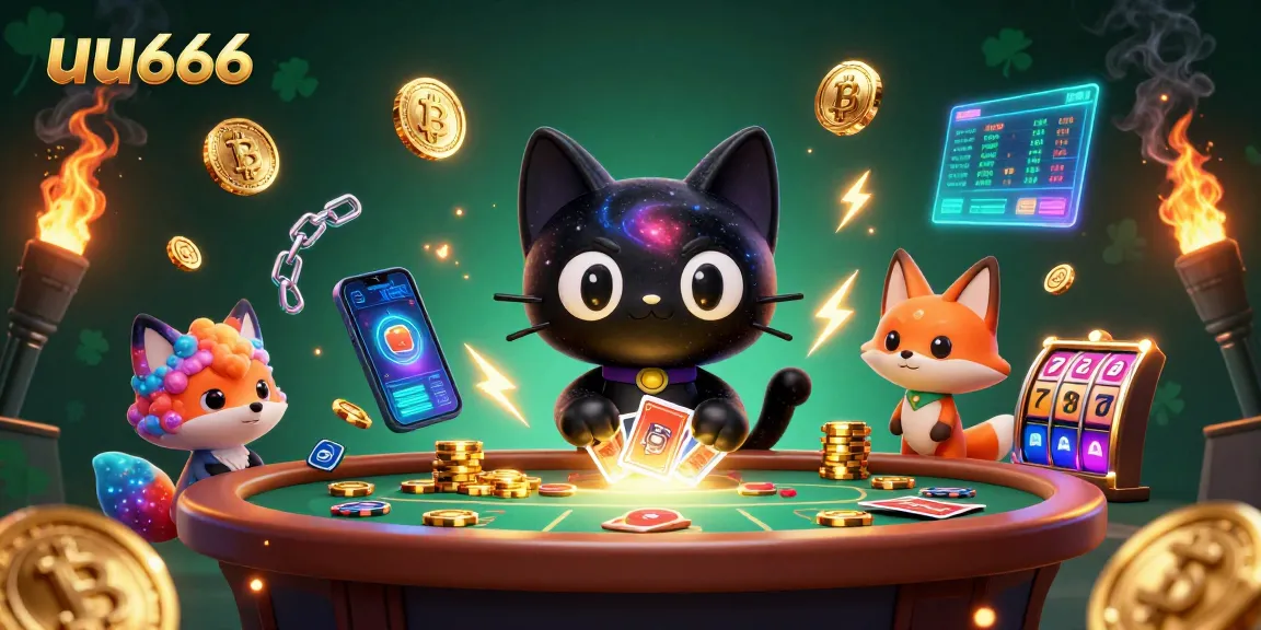 Engage in thrilling gameplay with uu666 as a black hole cat animatedly attracts golden casino chips and cards.