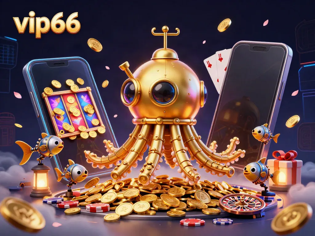 Experience the thrill of vip66 with a dynamic 3D kraken and mechanical fish amidst golden coins.