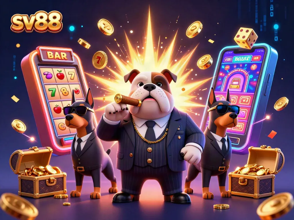 Experience the excitement of sv88 with a vibrant 3D casino illustration showcasing lively characters and jackpot elements.