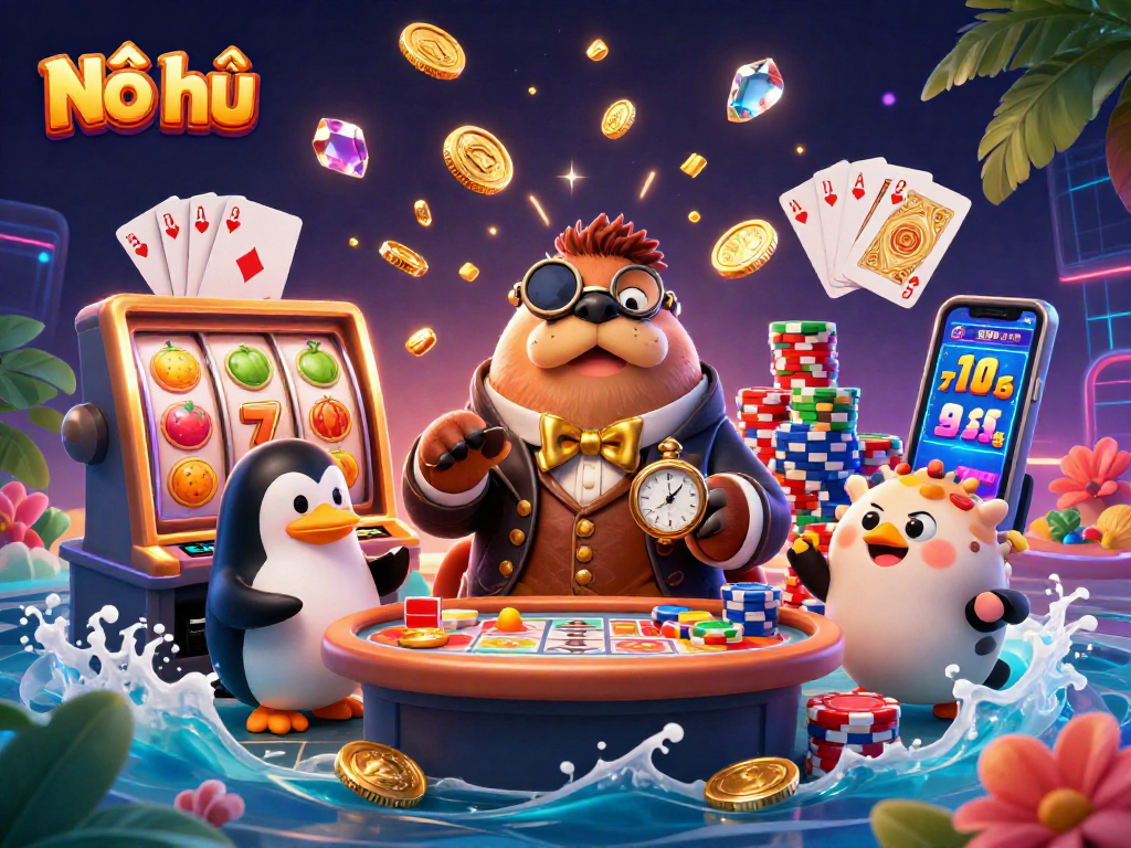 Nổ hũ: Experience an underwater casino scene with a walrus, penguin dealer, and pufferfish player.