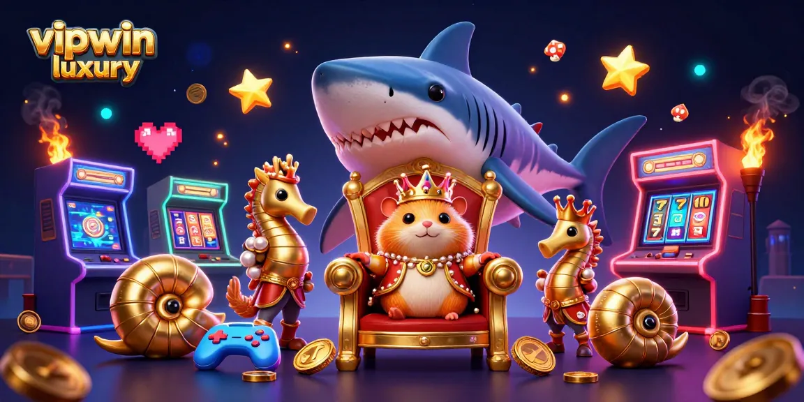 Experience excitement at vipwin luxury with a fierce hamster king surrounded by vibrant casino game elements.