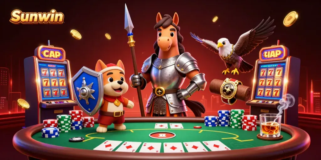 Engage in thrilling Sunwin slots with a knight, squire, and falcon in an exciting casino scene.