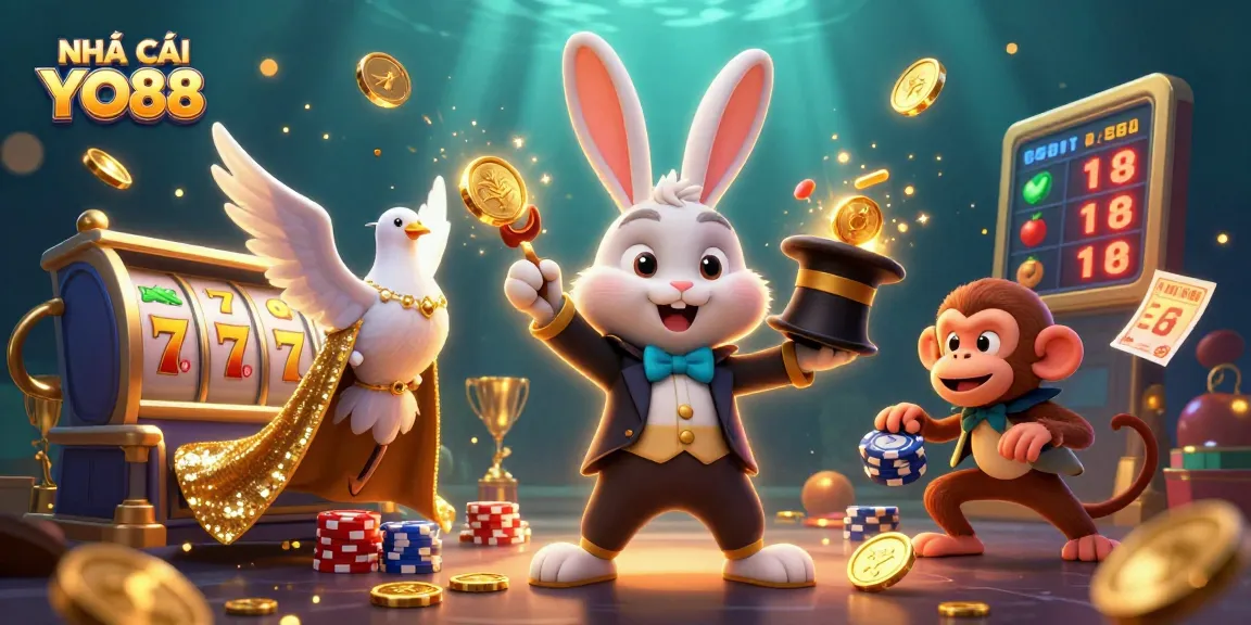 Engage with NHÀ CÁI YO88's vibrant casino scene featuring playful characters and exciting slot elements.