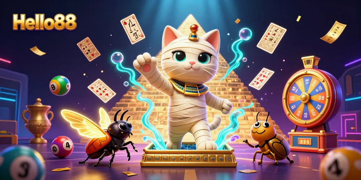 Engage with Hello88 through an enchanting casino scene featuring a mummy cat, vibrant lottery elements, and thrilling prizes.