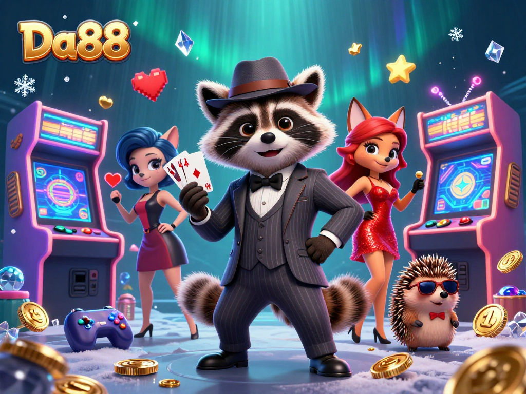 Join Da88 for an exciting gaming experience featuring a raccoon with a royal flush in a lively casino scene.