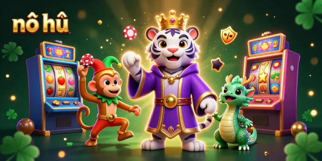 Nổ hũ slot machines with colorful symbols, featuring a royal tiger and playful monkey creating thrilling moments in gaming.